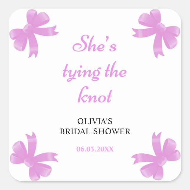 Purple Bow She's Tying The Knot Bridal Shower Square Sticker (Front)