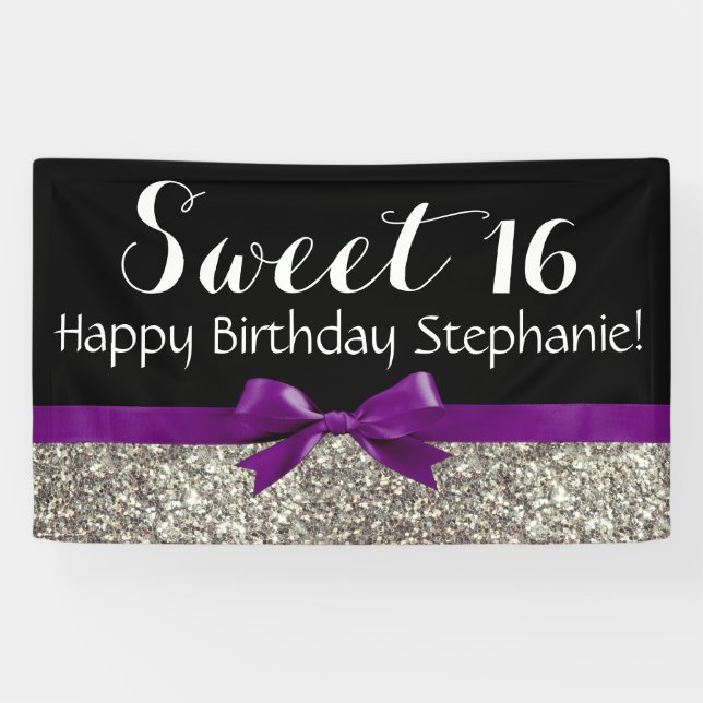 Purple Bow Silver Glitter Sweet 16 Birthday Party Banner (Horizontal)