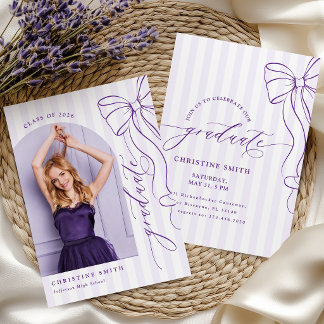Purple Bow Stripes Graduate Photo Invitation