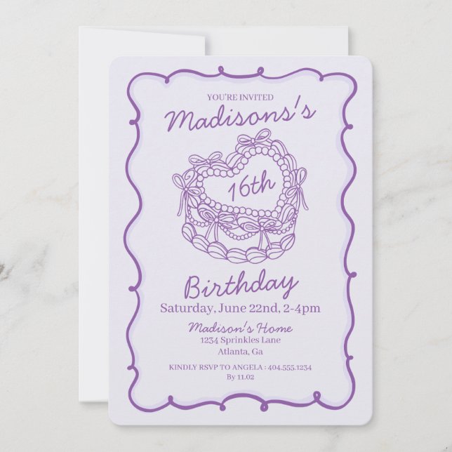 Purple Bow Sweet 16 Heart Coquette Cake Birthday Invitation (Front)