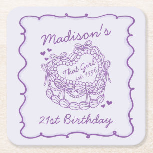 Purple Bow That Girl Heart Coquette Cake Birthday Square Paper Coaster