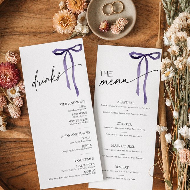 Purple Bow Tying the Knot Bridal Shower Menu Card (Menu with moody purple bow)