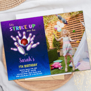 Purple Bowling Birthday Invitations with photo