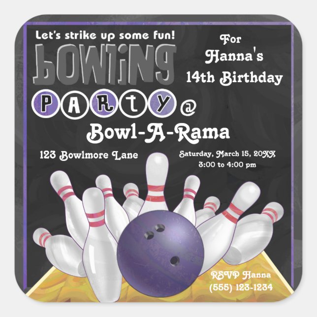 Purple Bowling Party Invite Sticker (Front)