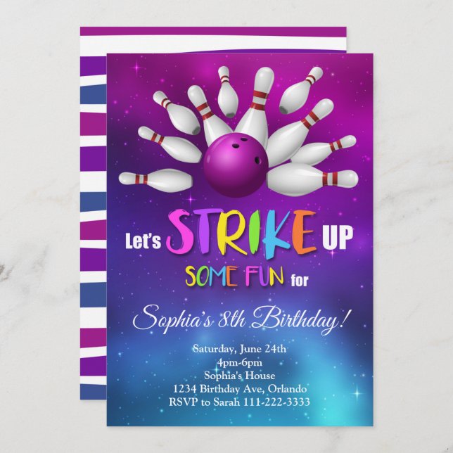 Purple Bowling Strike Up Some Fun Invite (Front/Back)
