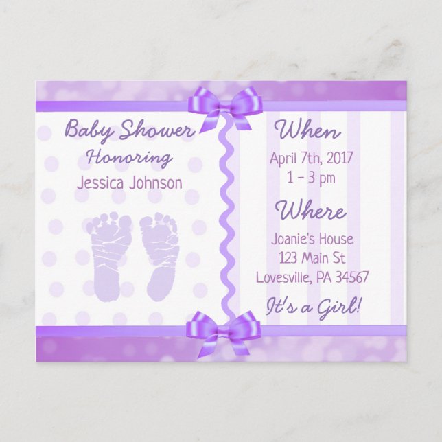 Purple  Bows and Polka Dots Baby Shower Invitation Postcard (Front)