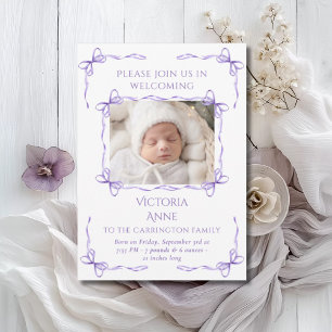 Purple Bows Baby Photo Birth Announcement Card