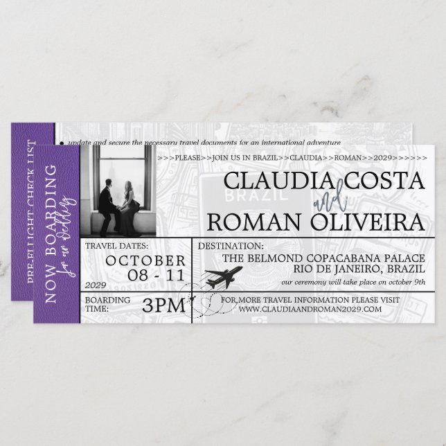 Purple Brazil Wedding Boarding Pass Invitation (Front/Back)