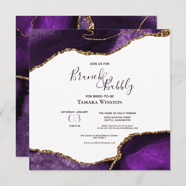 Purple Bridal Brunch & Bubbly Gold Glitter Shower Invitation (Front/Back)