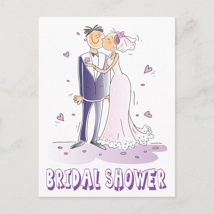 Purple Bridal Shower Cartoon Bride & Groom Wedding Invitation Postcard