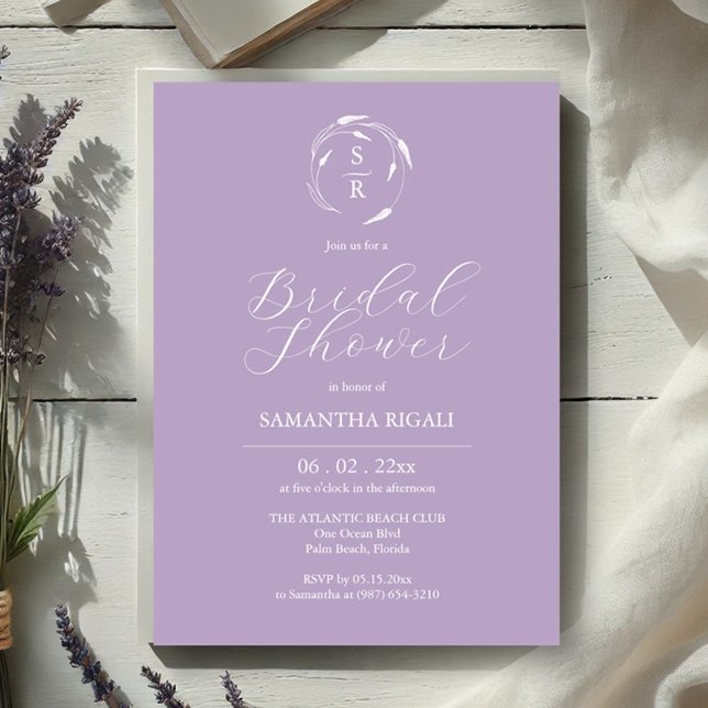 Purple Bridal Shower Invitation Lavender Monogram (Bridal shower invitations lavender line art by Victoria Grigaliunas of Do Tell A Belle)