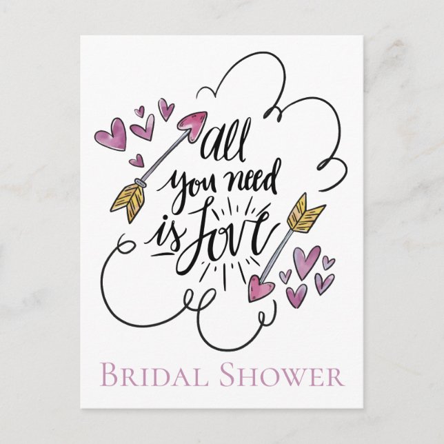 Purple Bridal Shower Love Hearts Arrow Wedding Invitation Postcard (Front)