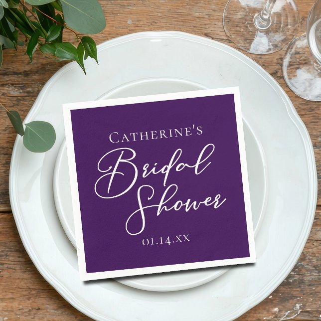 Purple Bridal Shower Personalised White Script Napkin (Creator Uploaded)