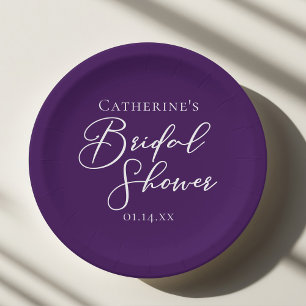 Purple Bridal Shower Personalised White Script Paper Plate