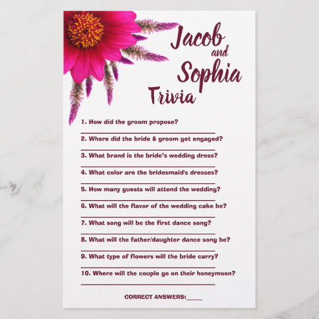 PURPLE BRIDE & GROOM TRIVIA SHOWER GAME CARD (Front)