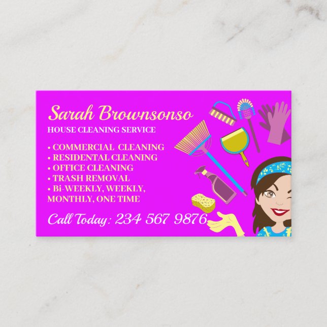 Purple Bright Clean Janitorial Lady House Cleaner Business Card (Front)