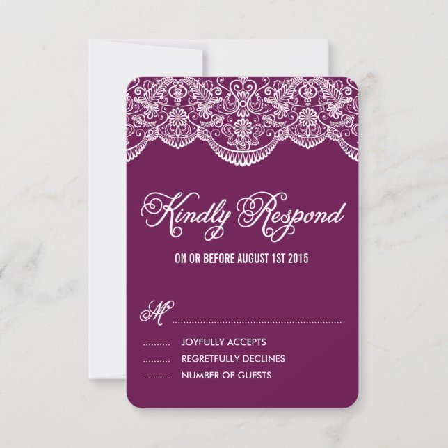 Purple Brocade Lace Wedding RSVP Card (Front)