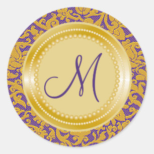 Purple Brocade Pattern Gold Wedding Monogram Classic Round Sticker