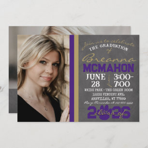 Purple & Bronze Gold Paw Print Graduation 2 Photo Invitation