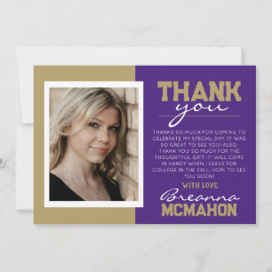 Purple & Bronze Graduation Photo Thank You Card