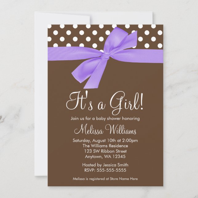 Purple Brown Bow Polka Dot Baby Shower Invitations (Front)