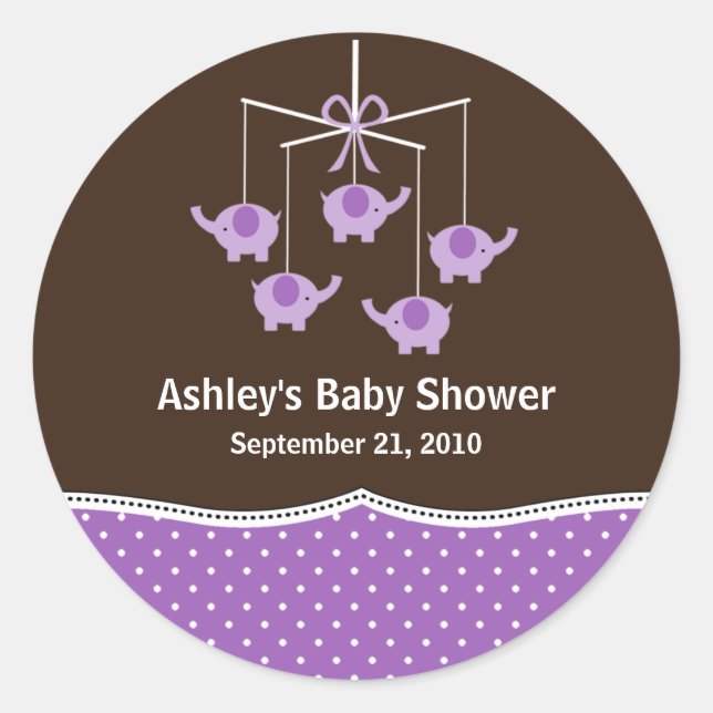 Purple & Brown Elephant Mobile Baby Shower Classic Round Sticker (Front)