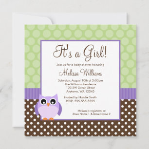 Purple Brown Green Owl Polka Dot Girl Baby Shower Invitation