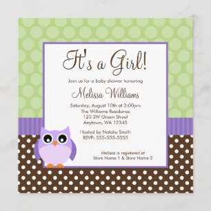 Purple Brown Green Owl Polka Dot Girl Baby Shower Invitation