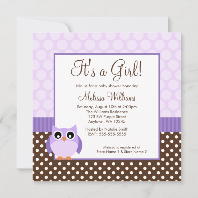 Purple Brown Owl Polka Dot Girl Baby Shower Invitation (Front)
