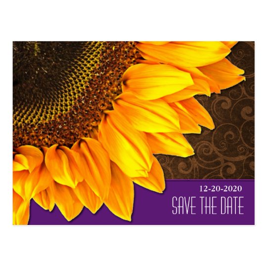 Purple & Brown Sunflower Wedding Save the Dates Postcard
