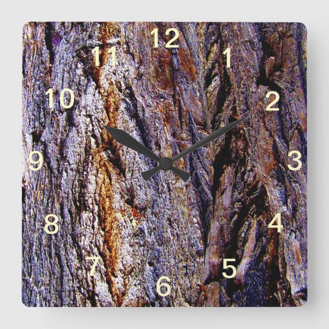 Purple Brown Wood Tree Bark Square Wall Clock (Front)