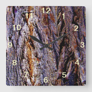 Purple Brown Wood Tree Bark Square Wall Clock