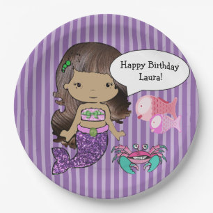Purple Brunette Mermaid Birthday Party Plates