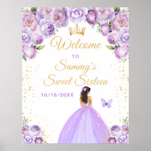 Purple Brunette Princess Sweet Sixteen Welcome Poster