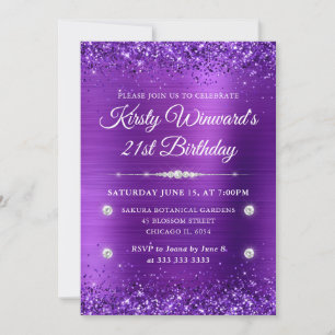 Purple Brushed Metal and Glitter 21st Birthday Invitation