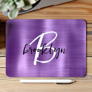 Purple Brushed Metal Black White Script Monogram Mouse Pad