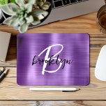 Purple Brushed Metal Black White Script Monogram  Mouse Pad<br><div class="desc">This elegant personalised mouse pad features a monogram and first name in modern black and white script on a trendy purple brushed metal background.</div>