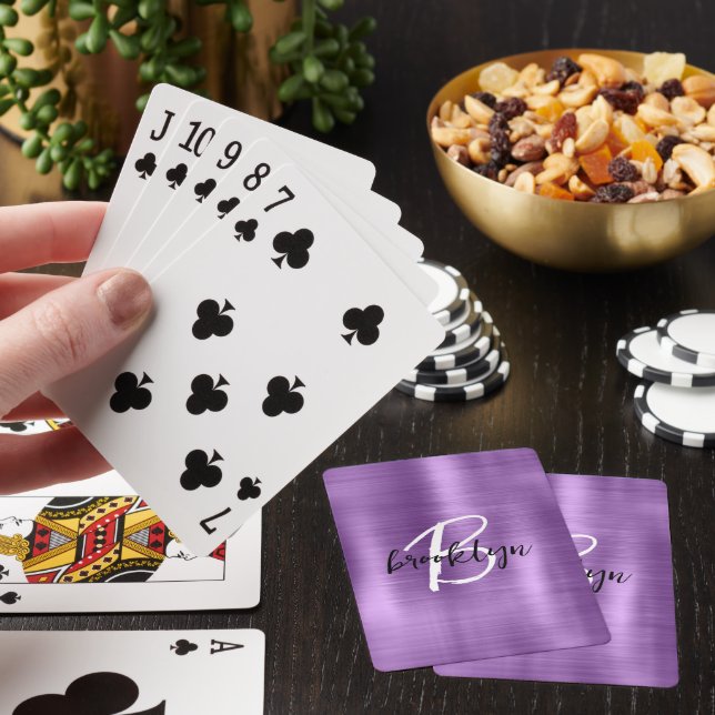 Purple Brushed Metal Black White Script Monogram  Playing Cards (In Situ)