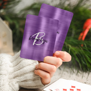 Purple Brushed Metal Black White Script Monogram Playing Cards