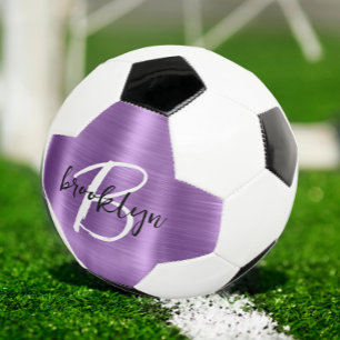 Purple Brushed Metal Black White Script Monogram Soccer Ball