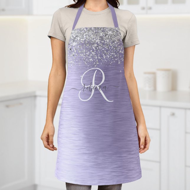 Purple Brushed Metal Silver Glitter Monogram Name Apron (Creator Uploaded)