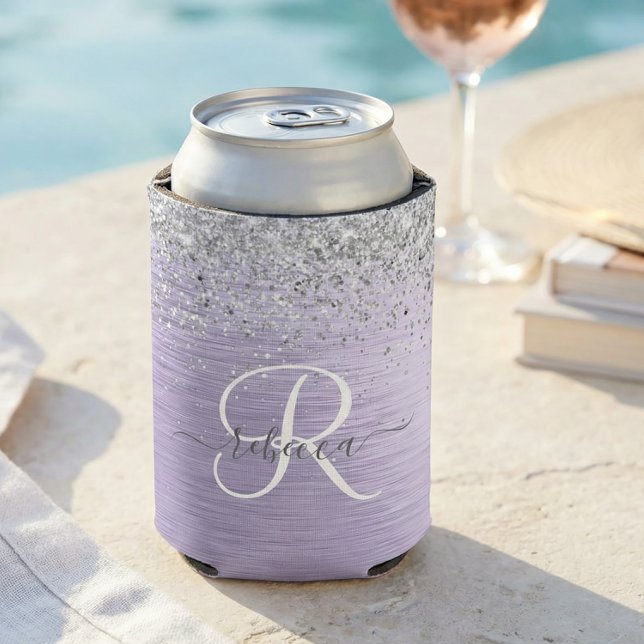Purple Brushed Metal Silver Glitter Monogram Name Can Cooler (Creator Uploaded)