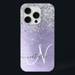 Purple Brushed Metal Silver Glitter Monogram Name iPhone 15 Pro Case<br><div class="desc">Easily personalise this trendy chic phone case design featuring pretty silver sparkling glitter on a purple brushed metallic background.</div>