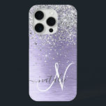 Purple Brushed Metal Silver Glitter Monogram Name iPhone 15 Pro Case<br><div class="desc">Easily personalise this trendy chic phone case design featuring pretty silver sparkling glitter on a purple brushed metallic background.</div>