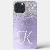 Purple Brushed Metal Silver Glitter Monogram Name Case-Mate iPhone Case (Back)