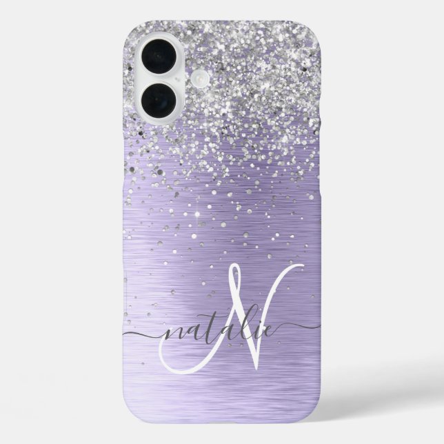  Purple Brushed Metal Silver Glitter Monogram Name Case-Mate iPhone Case (Back)