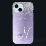Purple Brushed Metal Silver Glitter Monogram Name iPhone 15 Case<br><div class="desc">Easily personalise this trendy chic phone case design featuring pretty silver sparkling glitter on a purple brushed metallic background.</div>