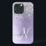 Purple Brushed Metal Silver Glitter Monogram Name iPhone 13 Pro Case<br><div class="desc">Easily personalise this trendy chic phone case design featuring pretty silver sparkling glitter on a purple brushed metallic background.</div>