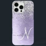 Purple Brushed Metal Silver Glitter Monogram Name iPhone 16 Pro Max Case<br><div class="desc">Easily personalise this trendy chic phone case design featuring pretty silver sparkling glitter on a purple brushed metallic background.</div>