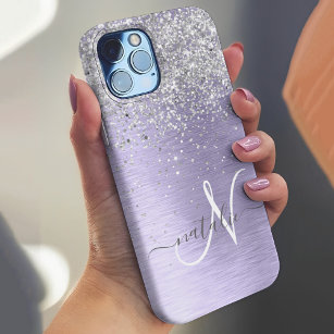Purple Brushed Metal Silver Glitter Monogram Name iPhone 12 Pro Case